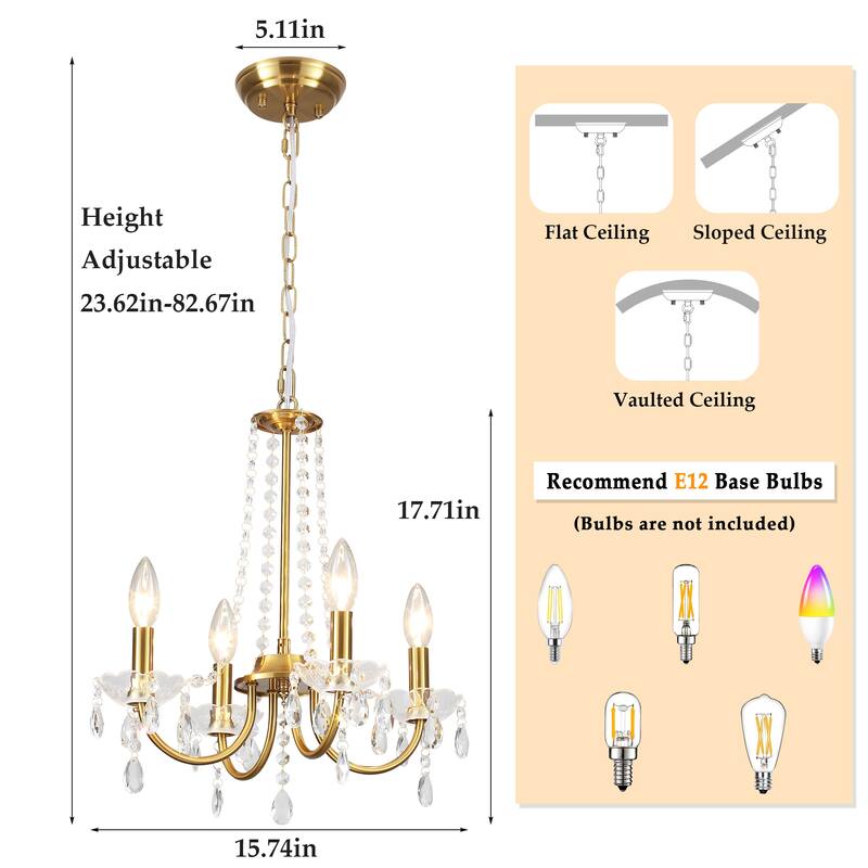 4-Light Candle Style Chandelier with Crystal Accents for Living Room Bedroom