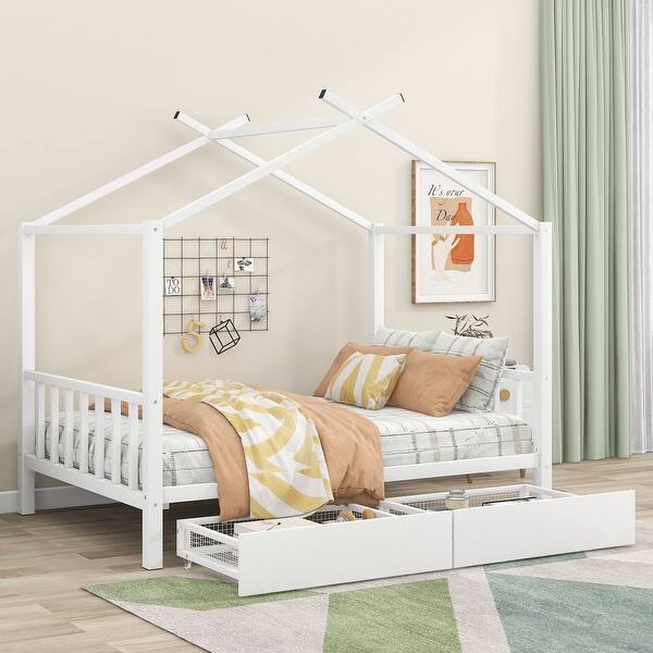 slide 2 of 18, Full Size Metal House Platform Bed with Two Drawers,Headboard and Footboard,Roof Design White