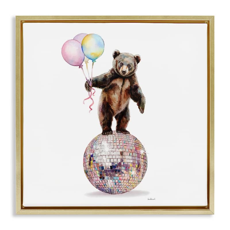 Stupell Bear & Balloons Disco Framed Floater Canvas Wall Art Design By Amanda Greenwood - 25 x 25 - Gold