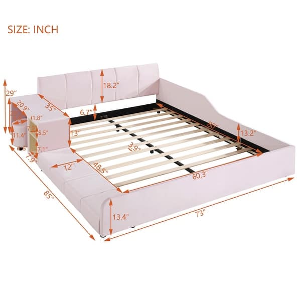 dimension image slide 3 of 5, Velvet Grounded Bed Mother & Child Bed Platform Slat Bed Frame with Little Round Stool and Bedside Desk for Growing Child