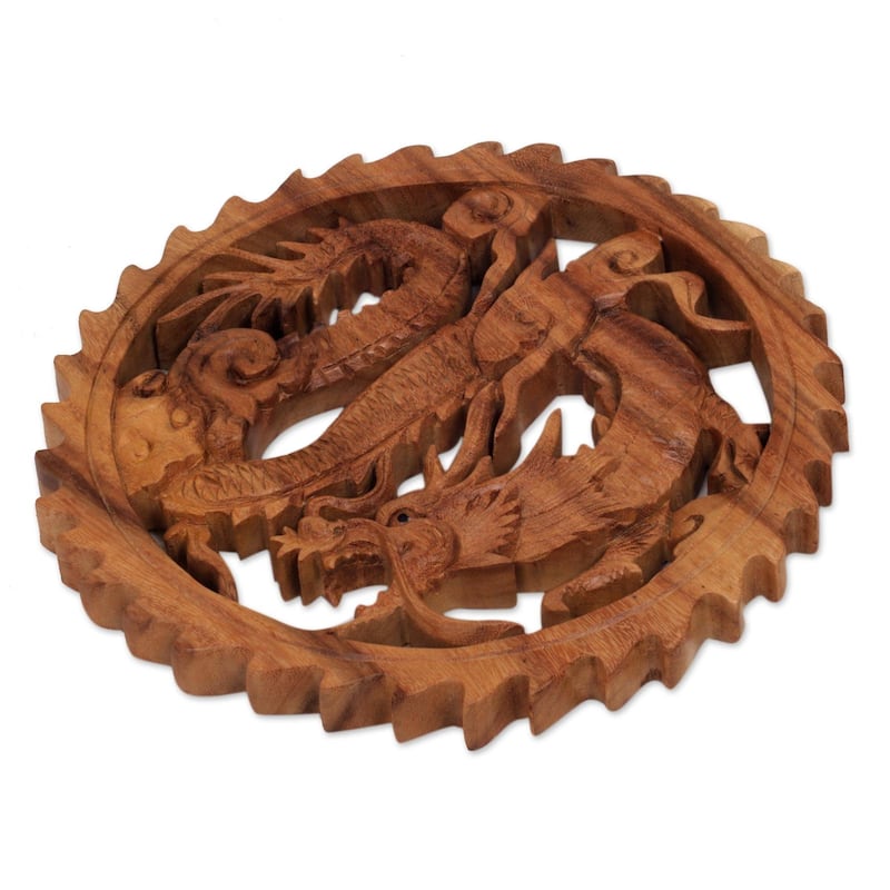 Handmade Aura Of Antaboga Wood Relief Panel (Indonesia) - 0.8" H x 10" Diam.