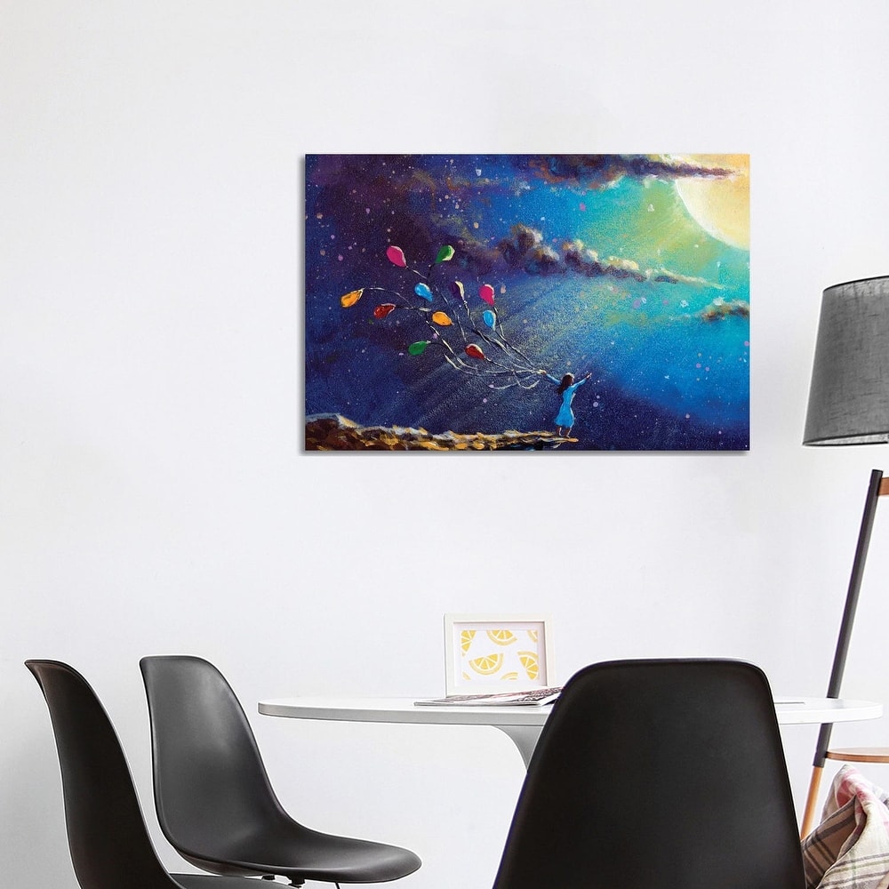 iCanvas "Romantic Girl With Colorful Balloons In Night On Blue Sea" by Valery Rybakow Canvas Print