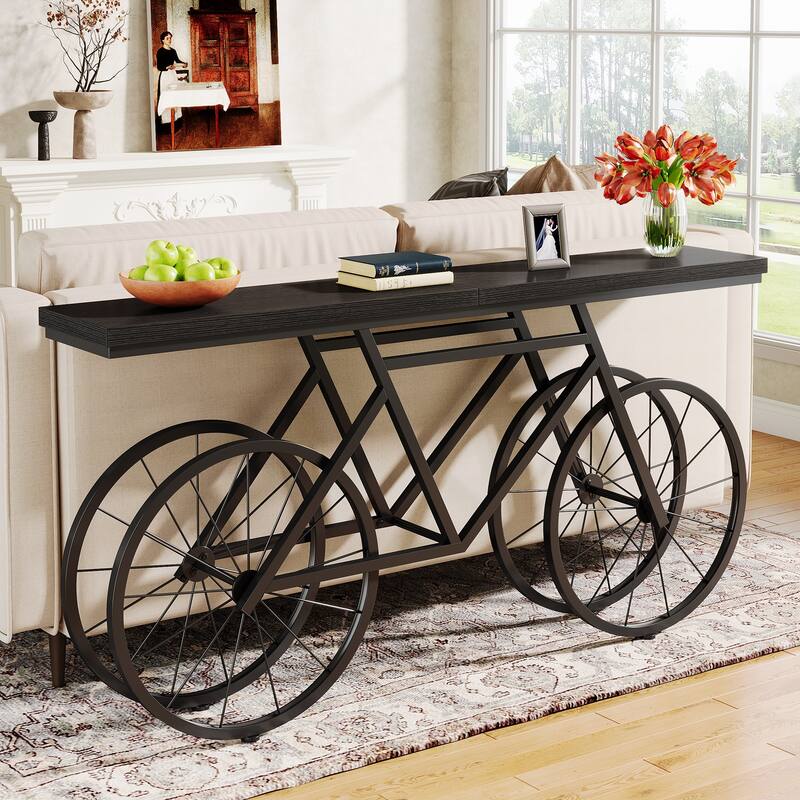 70.9-Inch Long Narrow Console Table with Metal Bicycle Base - Brown - 70.87" L x 11.81" W x 33.46" H