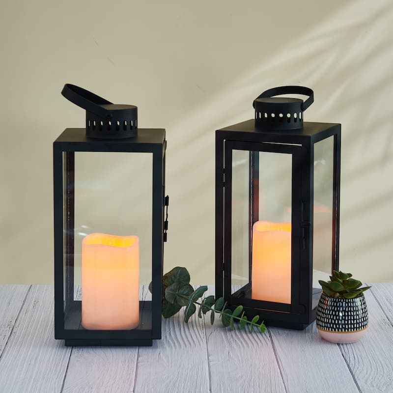 Elements Set of 2 Black Traditional Metal Lanterns, 12 Inch