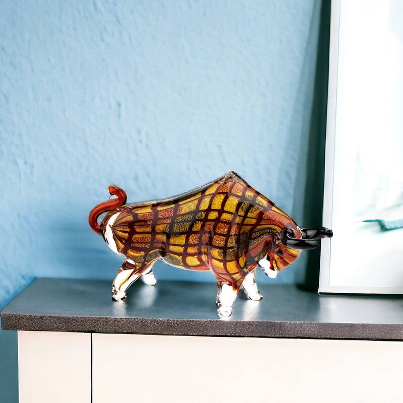 HomeRoots 9" Clear Brown and Black Murano Glass Bull Figurine Tabletop Sculpture - 4' X '8.75' X '15 - 4' X '8.75' X '15