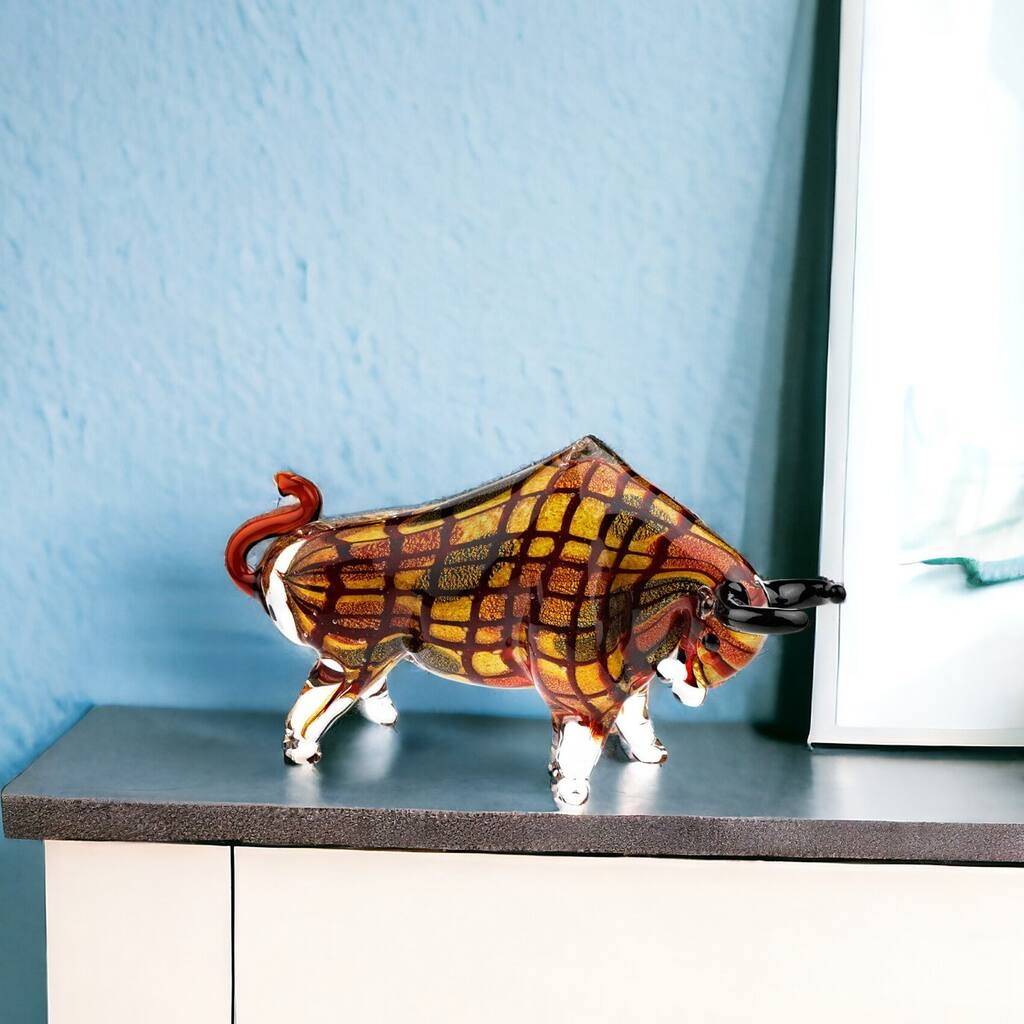 HomeRoots 9" Clear Brown and Black Murano Glass Bull Figurine Tabletop Sculpture - 4' X '8.75' X '15