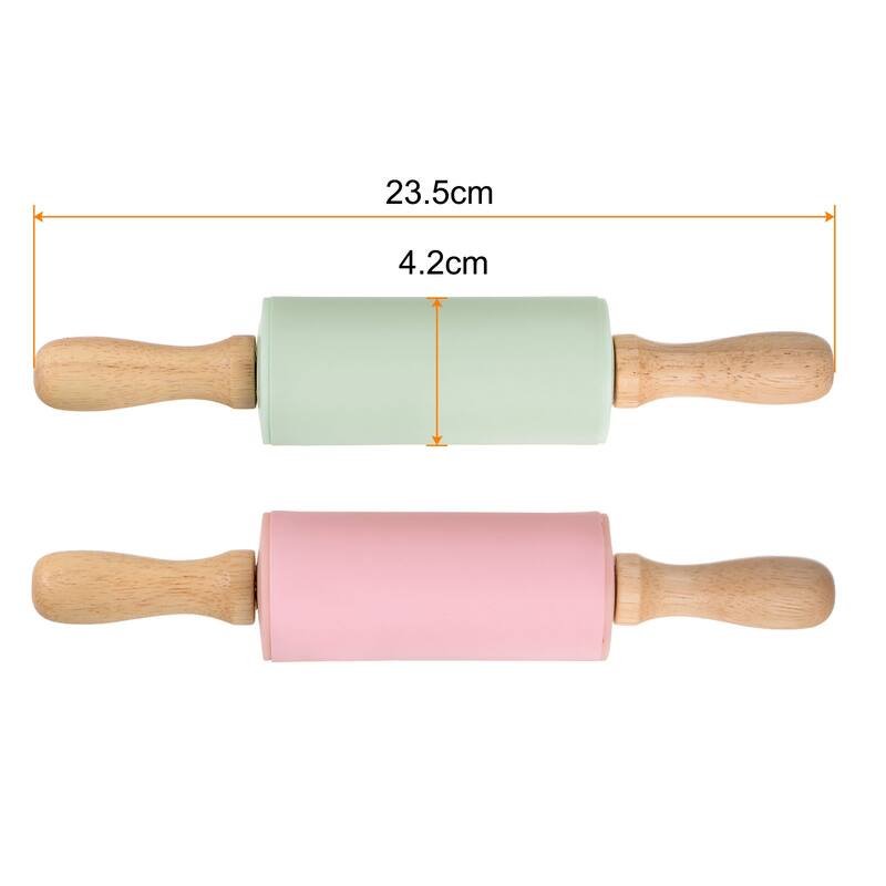 Silicone Rolling Pins for Baking Wood Handle 23.5cm x 4.2cm Light Green & Pink - Light Green & Pink - Light Green & Pink