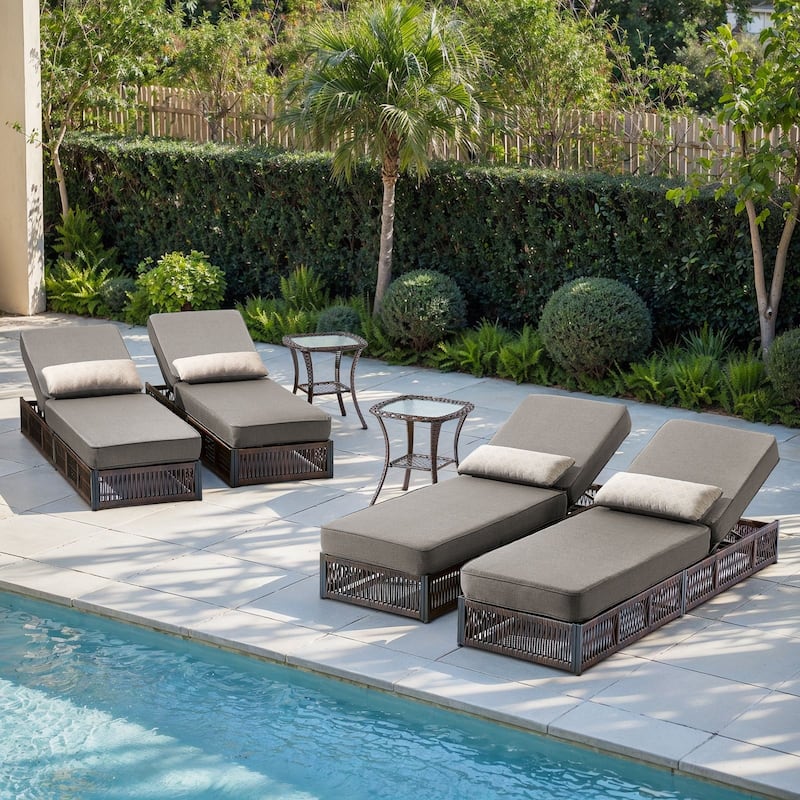 Gymojoy Patio Chaise Lounge Chair, Luxury Recliner with 6-Position Backrest & 5-Inch Cushions Set of 4 with 2 Side Tables