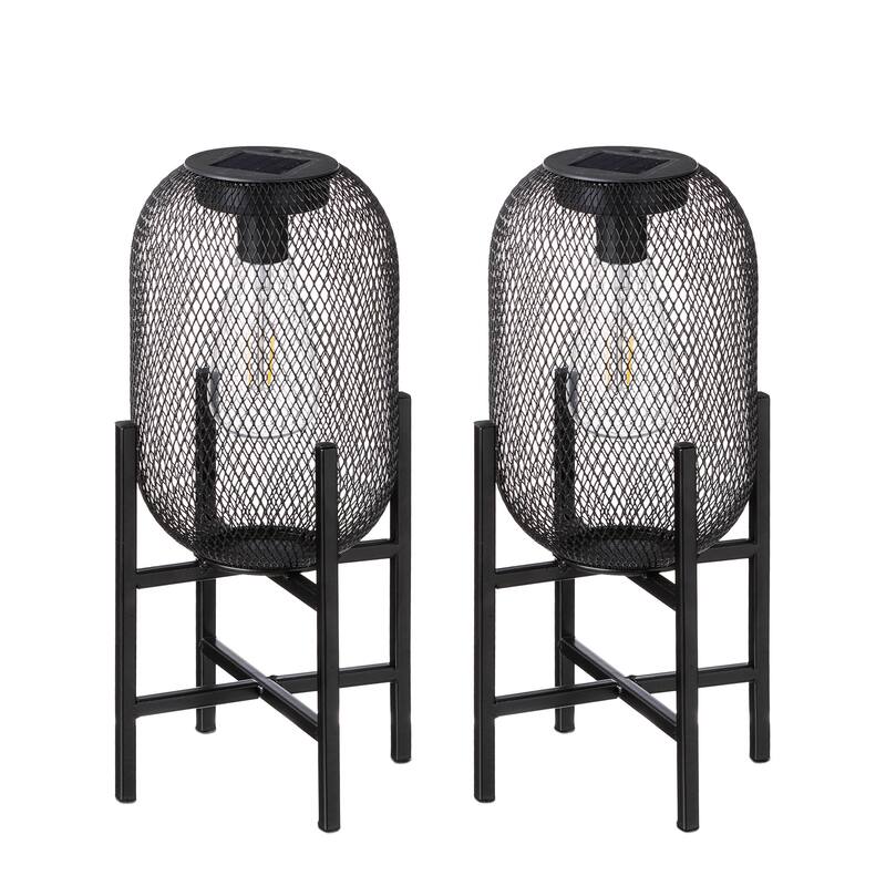 Glitzhome Set of 2 Metal Black Solar Powered Outdoor Lantern with Stand