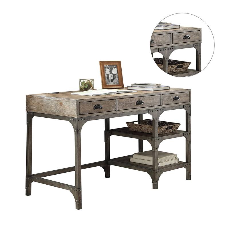 Desk with 3 Drawers in Weathered Oak & Antique Silver