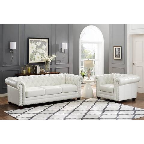 Hydeline Monaco Leather Chesterfield Sofa Set, Sofa and Chair with Feather, Memory Foam and Springs