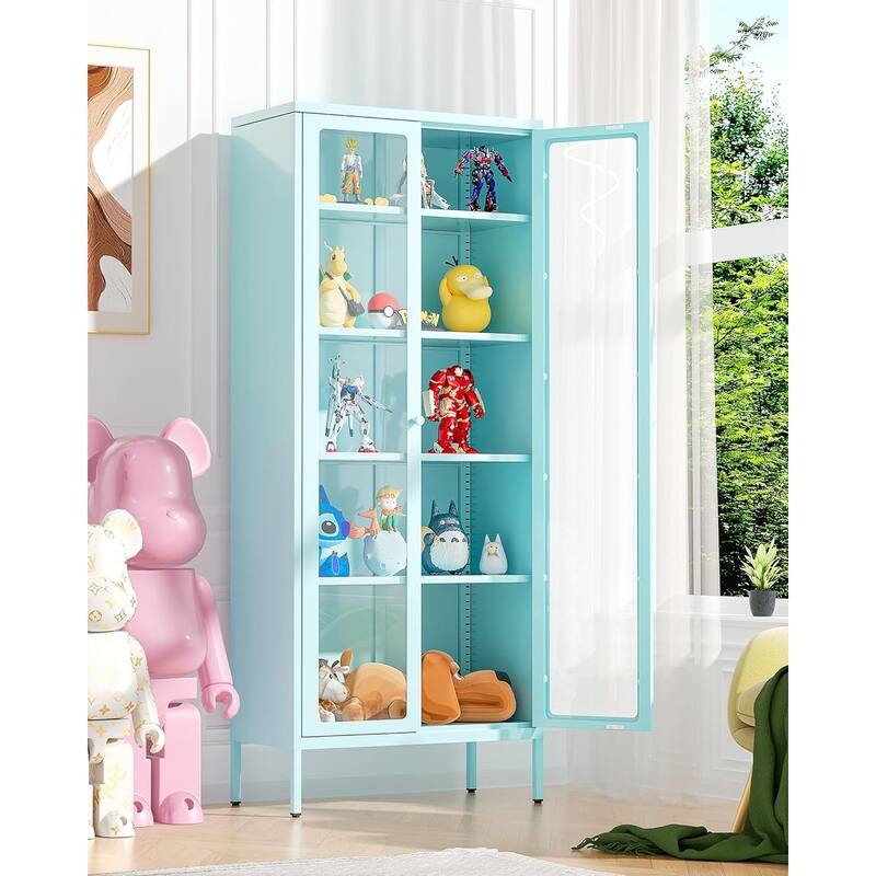 67" Display Curio Glass Metal Storage Cabinet Bookshelves with Glass Doors and 4 Adjustable Shelves - Blue