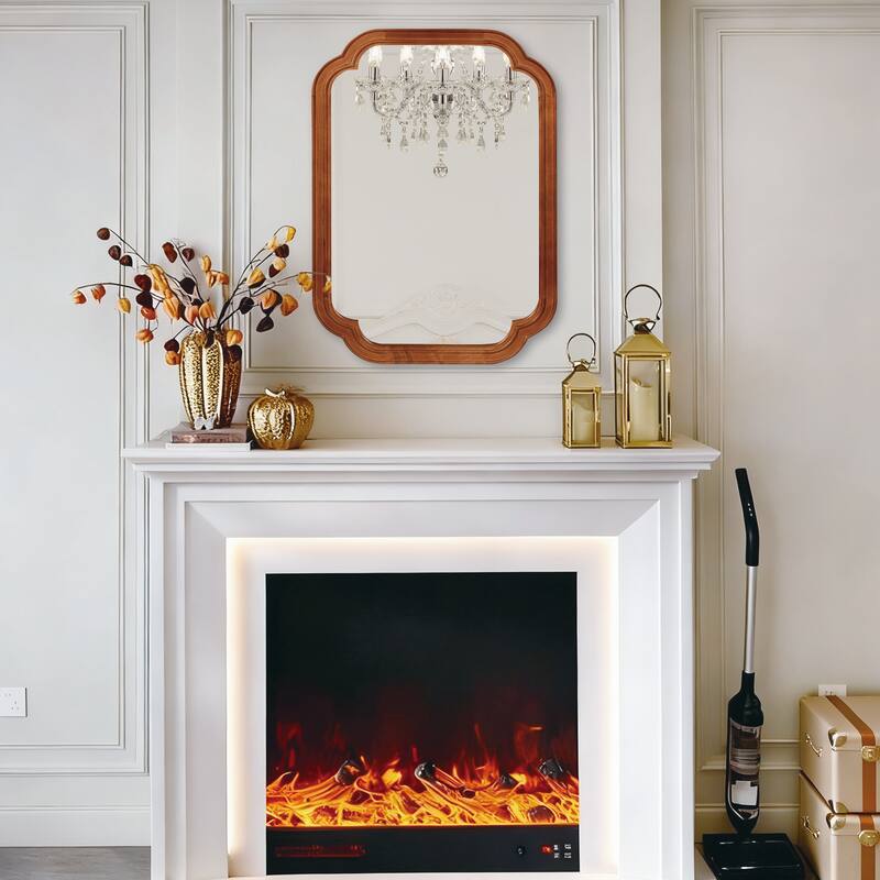 Yellowish Brown Rounded Corner Solid Wood Decorative Mirror - Bedroom, Bathroom, Living Room - Yellow Brown