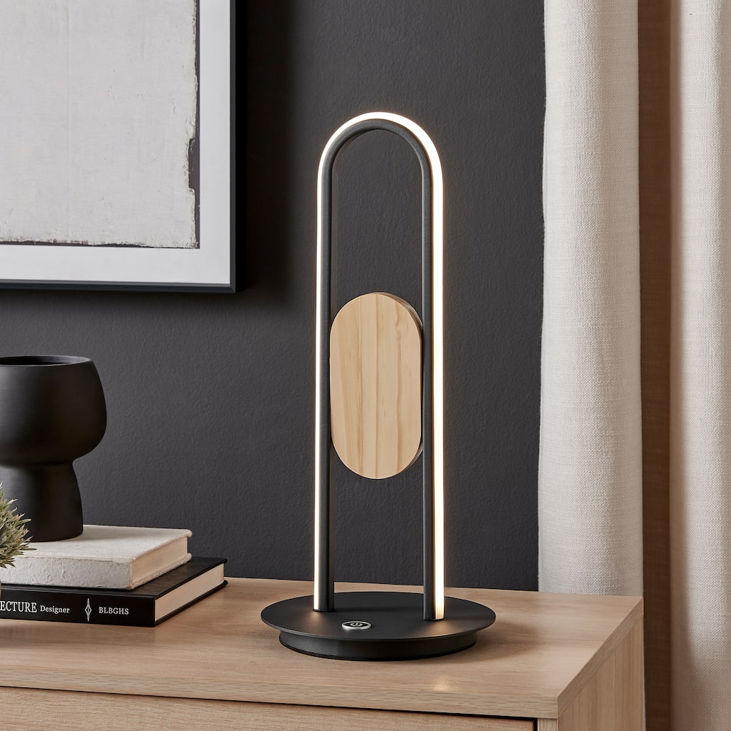 Satin Black & Wood Table Lamp - N/A