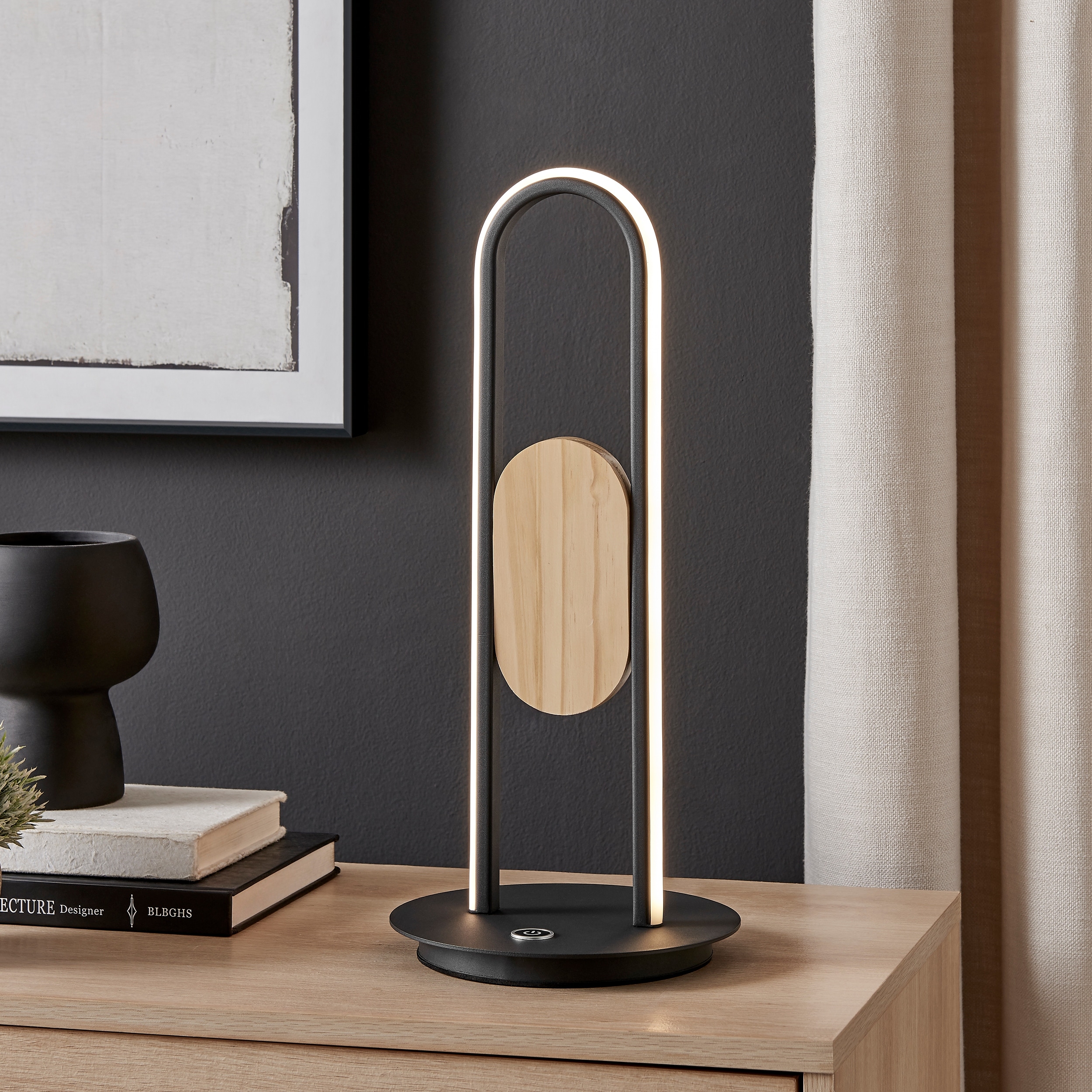 Satin Black & Wood Table Lamp