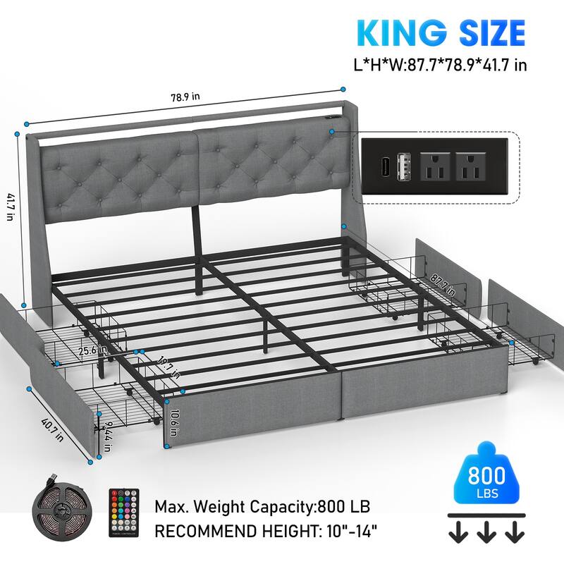 King Metal Platform Bed Frame - Grey, Storage Headboard with RGB LED & Charging Station