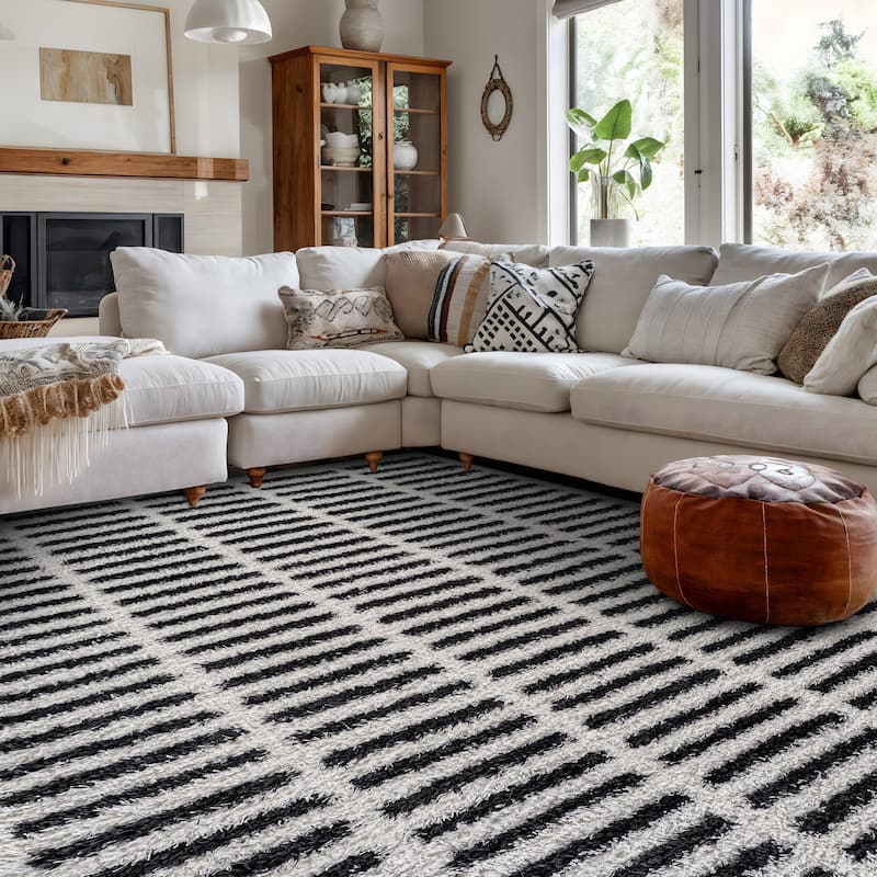 Bohemian Stripe Lines Shag Rug - Textured Surface - Anthracite Dark Gray - Easy to Clean