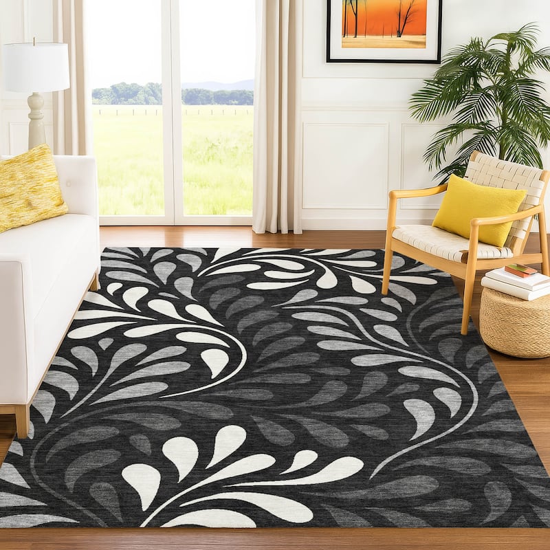 Machine Washable Indoor/ Outdoor Floral Arabesque Chantille Rug