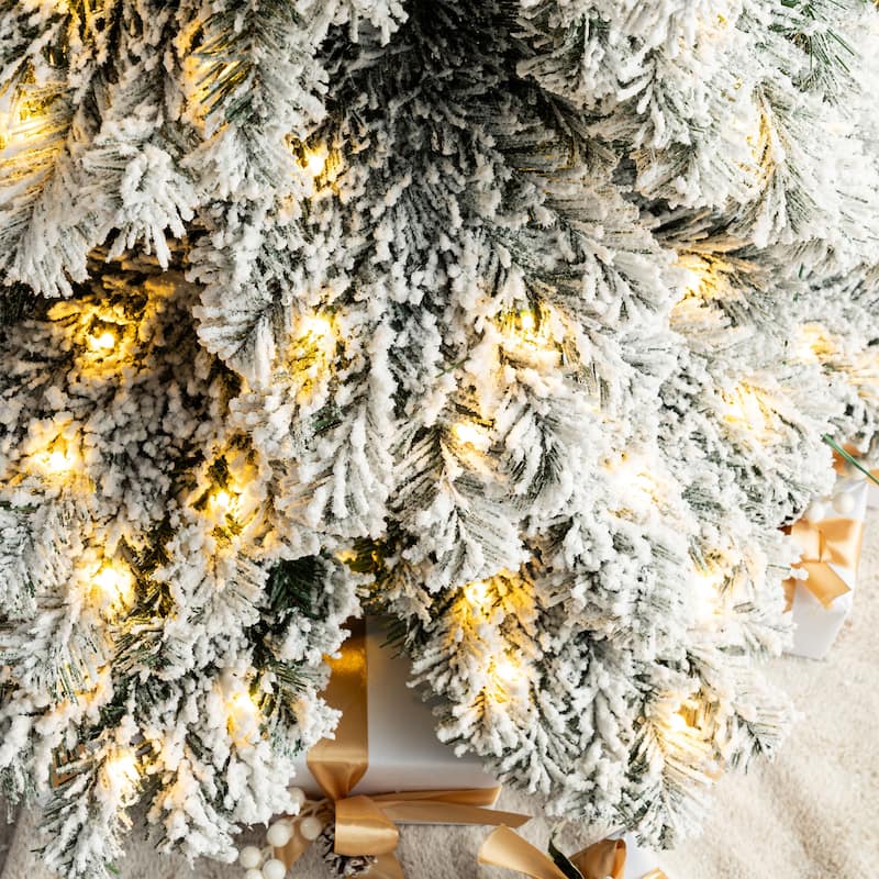 Glitzhome 7.5ft/9ft/12ft Pre-Lit Flocked Layered Spruce Artificial Christmas Trees