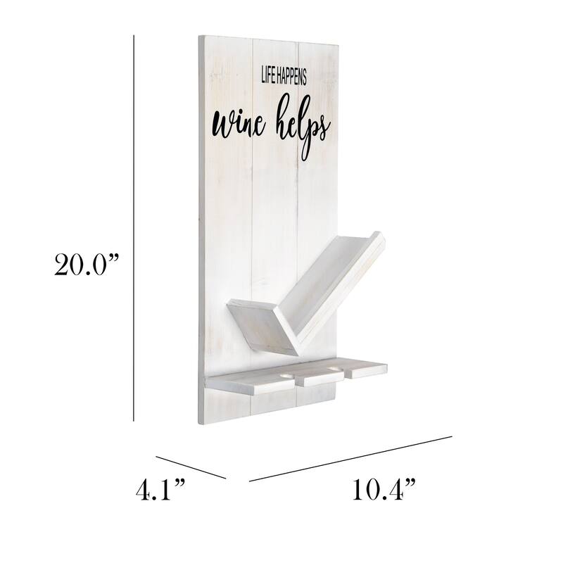Elegant Designs Lucca Wall Mounted Wooden “Life Happens Wine Helps” Wine Bottle Shelf with Glass Holder