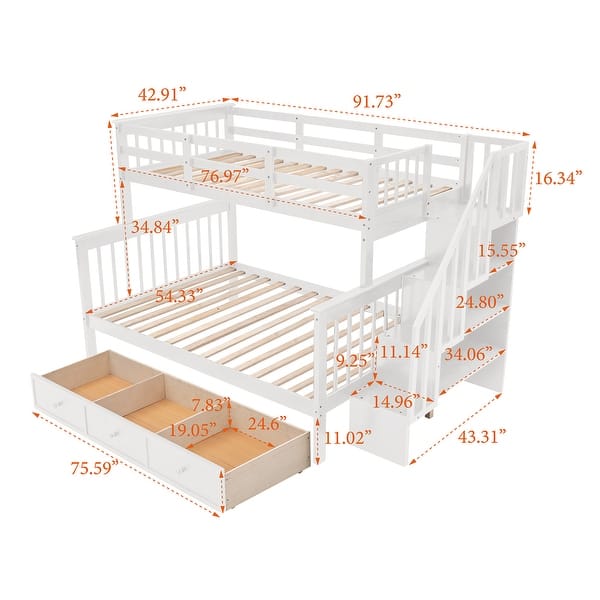 dimension image slide 2 of 3, Modern Twin over Full Bunk Bed With Drawer,Storage And Guard Rail,Solid Construction for Kids