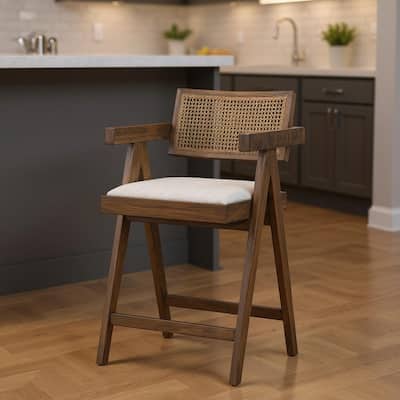 HomeRoots 24" Off White and Brown Fabric and Solid Wood Low Back Counter Height Bar Chair