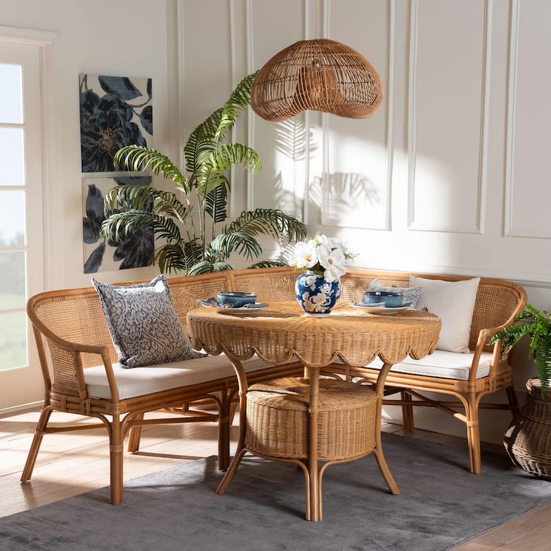 Ceona 3-Piece Natural Rattan Dining Nook Set - L-Shaped Banquette Seating with Pedestal Table, Boho Coastal Style Dining