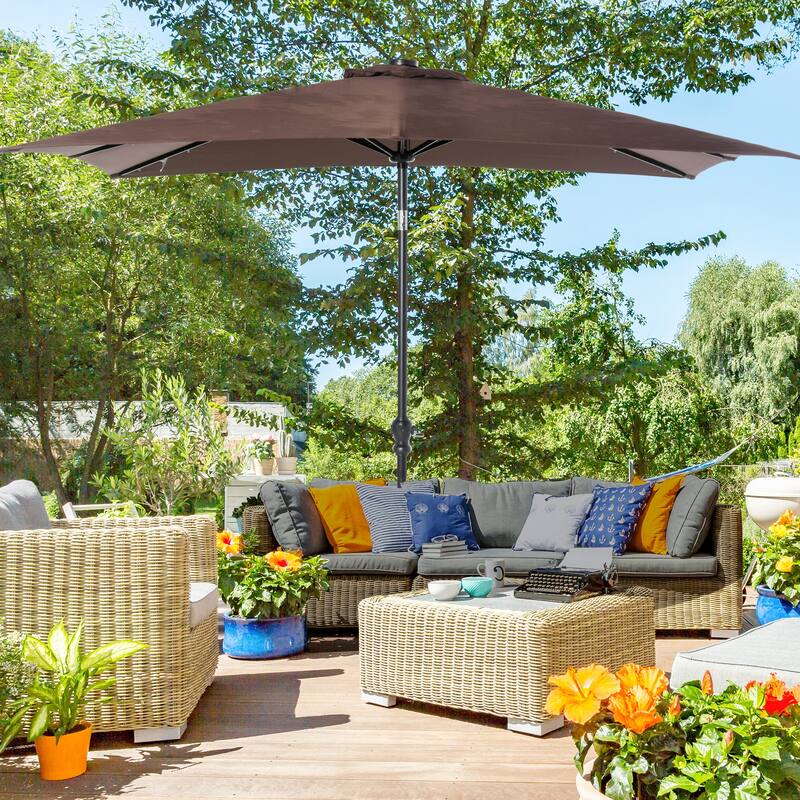 9' x 7' Solar Umbrella, LED Lighted Patio Umbrella for Table or Base with Tilt & Crank, Outdoor Umbrella
