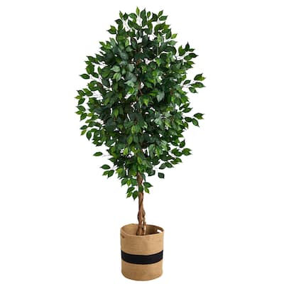 6' Ficus Artificial Tree with Natural Trunk in Handmade Natural Cotton Planter