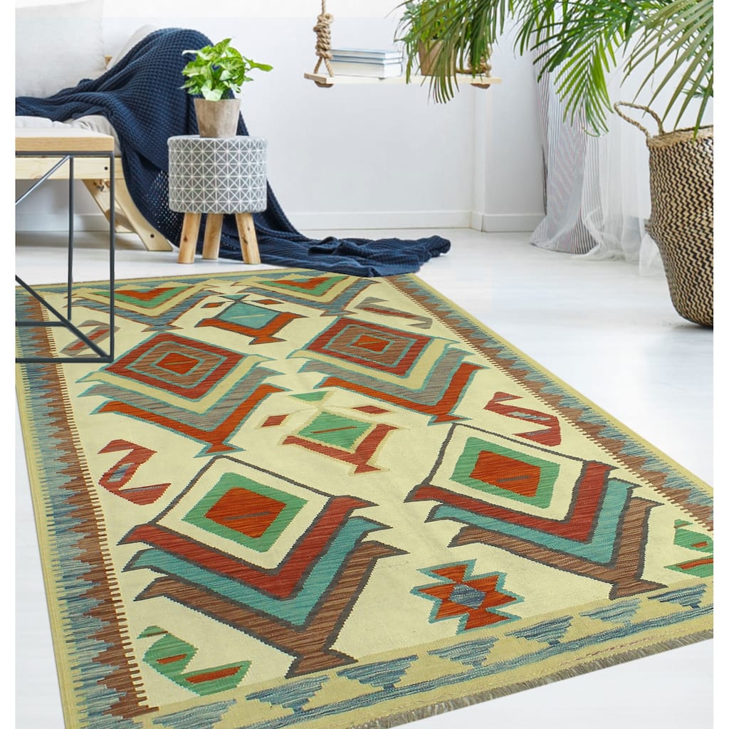 Hand-Woven Sangat Kilim Zabia Ivory/Red Rug - 4'11" x 6'7"
