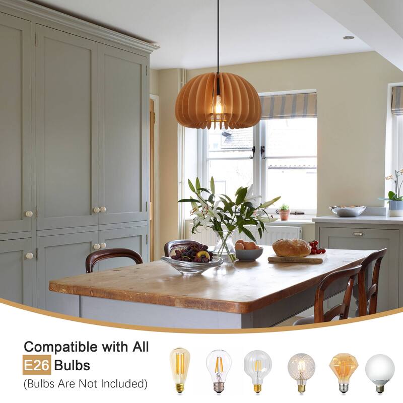 60-Watt 1-Light Brown Pendant Light with Pumpkin Shape for Kitchen Island, Semi Flush Mount Chandelier for Dining Room