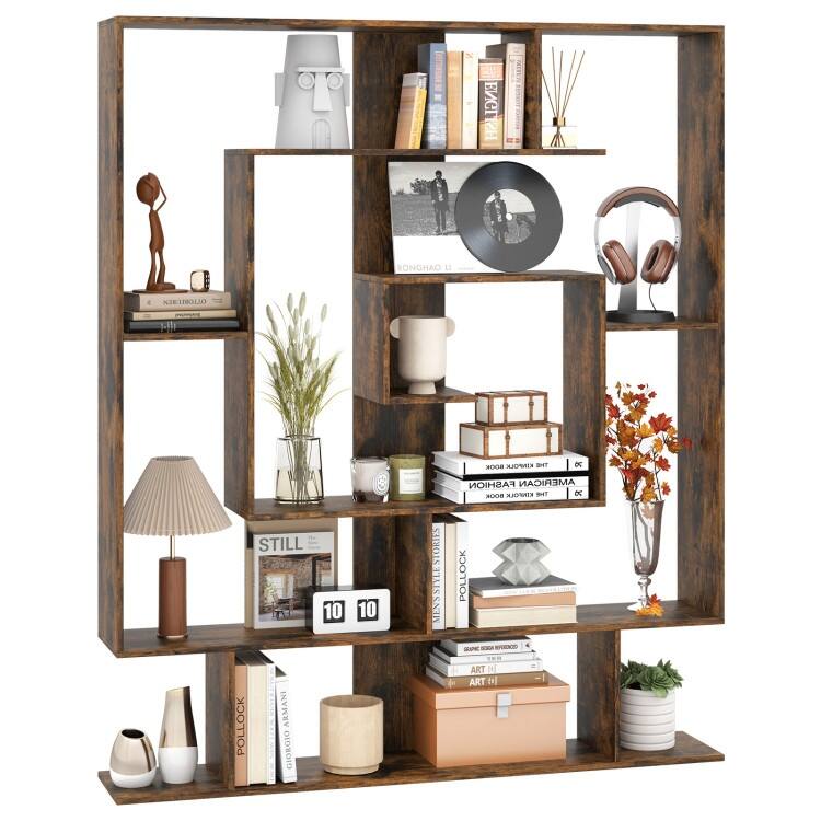 Rustic Brown 7-Tier Engineered Wood Bookshelf Modern Geometric Display Shelf with High Load Capacity - 49.5" x 8.5" x 59"