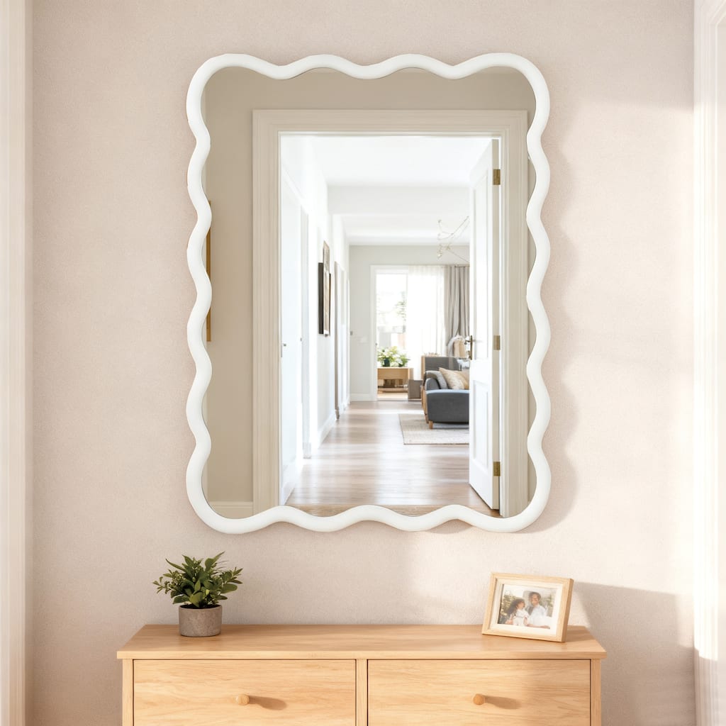 Wavy Rectangle Solid Wood Frame Decorative Mirror - White