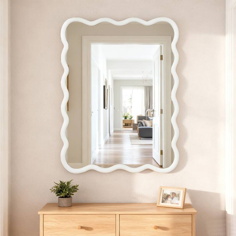 White Wavy Rectangle Solid Wood Decorative Mirror - Bedroom, Bathroom, Living Room, Entryway
