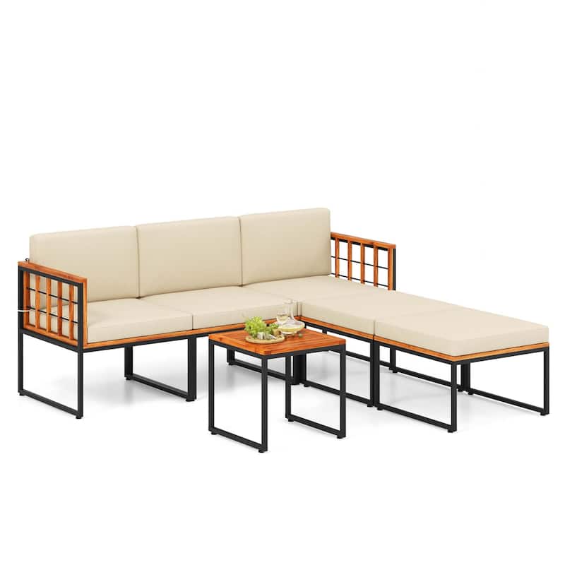 6 PCS Acacia Wood Patio Furniture Set Outdoor Conversation Sofa Set - Natural and Black