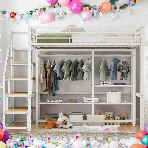 slide 2 of 38, White Full/Twin Size Metal Loft Bed with Wardrobe and Storage Shelves Full