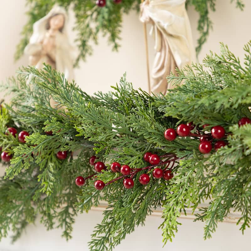 Glizthome 6FT/9FT Christmas Greenery PE Dripping Cedar Garland & 24"D Wreath with Red Berries