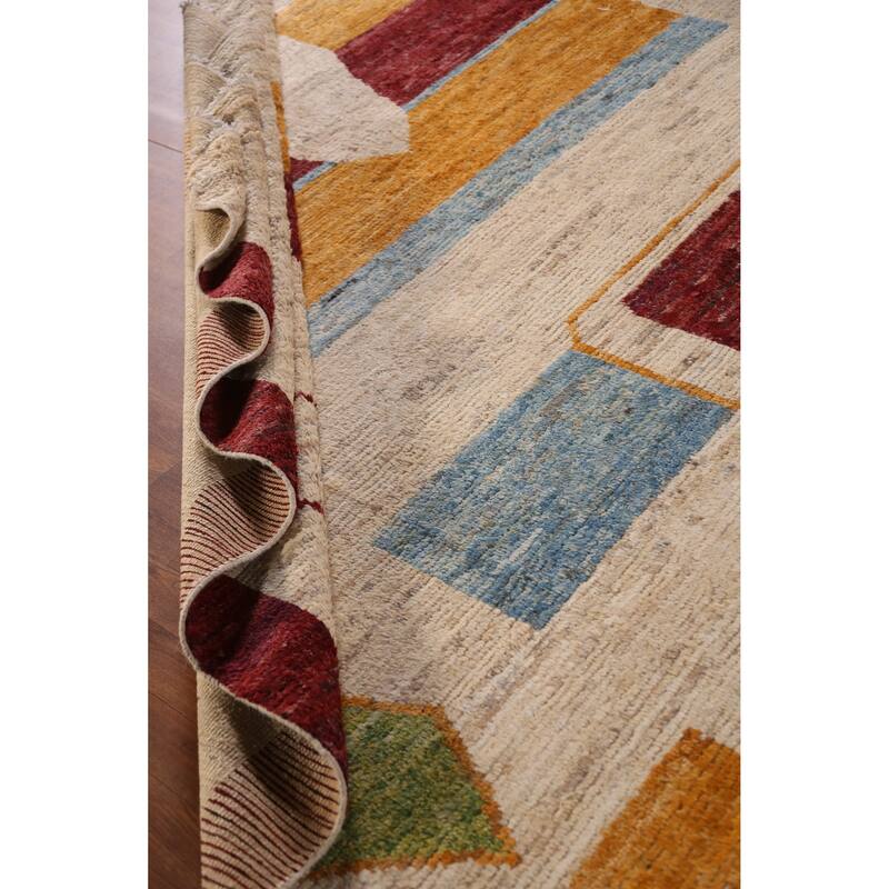 Moroccan Oriental Large Rug Handmade Modern Beige Wool Carpet - 9'11" x 13'8"