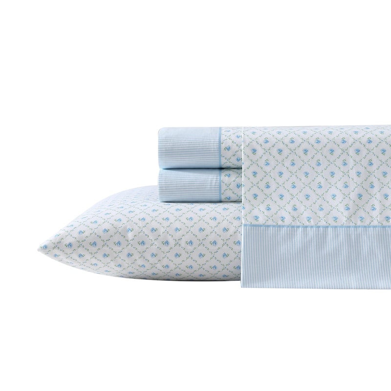Laura Ashley Percale Cotton Printed Hem Sheet Sets - Full - Kate