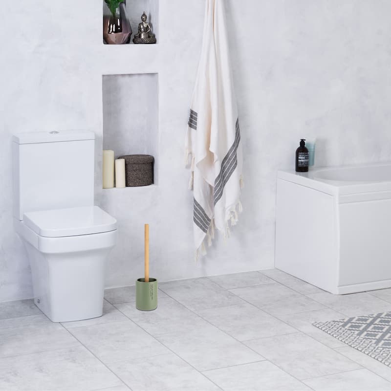 Chic Matte Toilet Brush Holder Set with Natural Bamboo Handle - 4 L x 4 W x 14.8 H