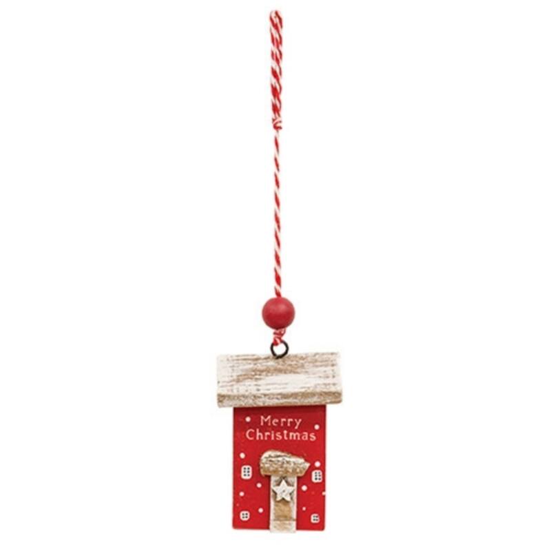 Red White Wooden Merry Christmas House Ornament with Layered Cutout 4x2.5 in - 2.50 x 1.50 x 4 in. - White/Red