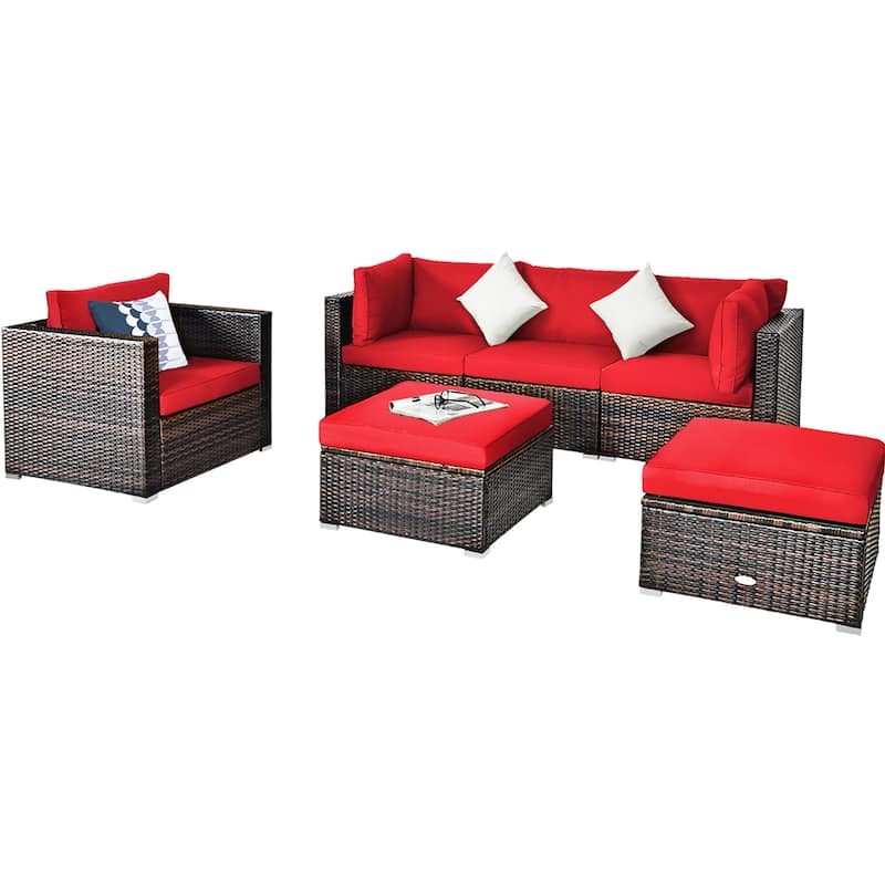 6PCS Patio Rattan Furniture Set Outdoor Conversation Set w/ Cushions - Red