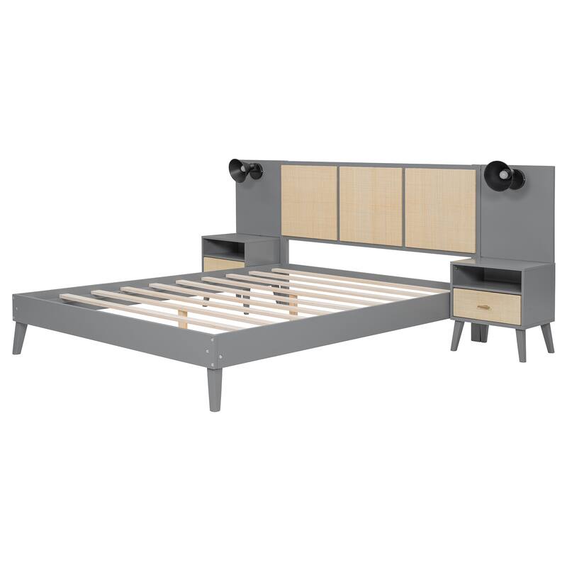 Queen Size Solid Wood Bed Frame with 2 Nightstands, Modern Platform Bed with Headboard, Lamps, Rattan Wood Combination Set