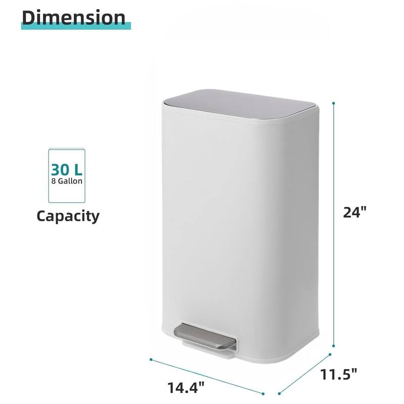 8 Gallon White Stainless Steel Step Trash Can Rectangular with Removable Inner Buck