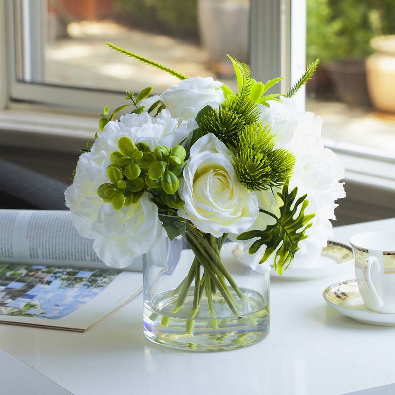 Enova Home Artificial Silk Peony and Roses Fake Flowers Arrangement in Clear Glass Vase for Home Office Wedding Decoration