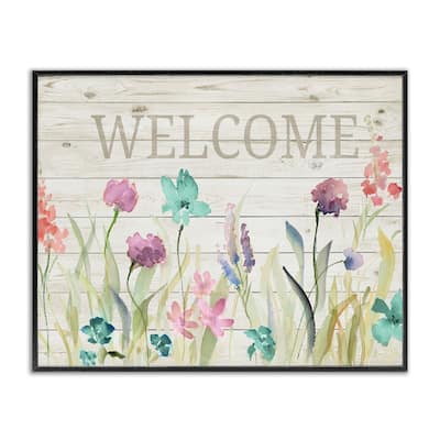 Stupell Welcome Sign Spring Wildflower Meadow Rustic Pattern Framed Wall Art