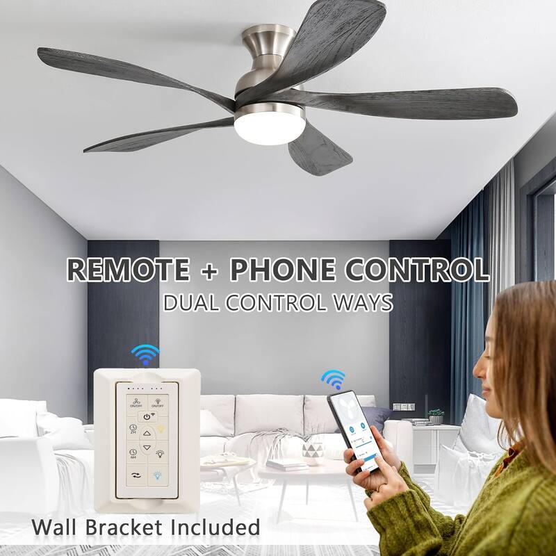 52 Inch Flush Mount Ceiling Fan with Dimmable 3 Colors LED Light, Reversible Noiseless DC Motor Smart Ceiling Fan