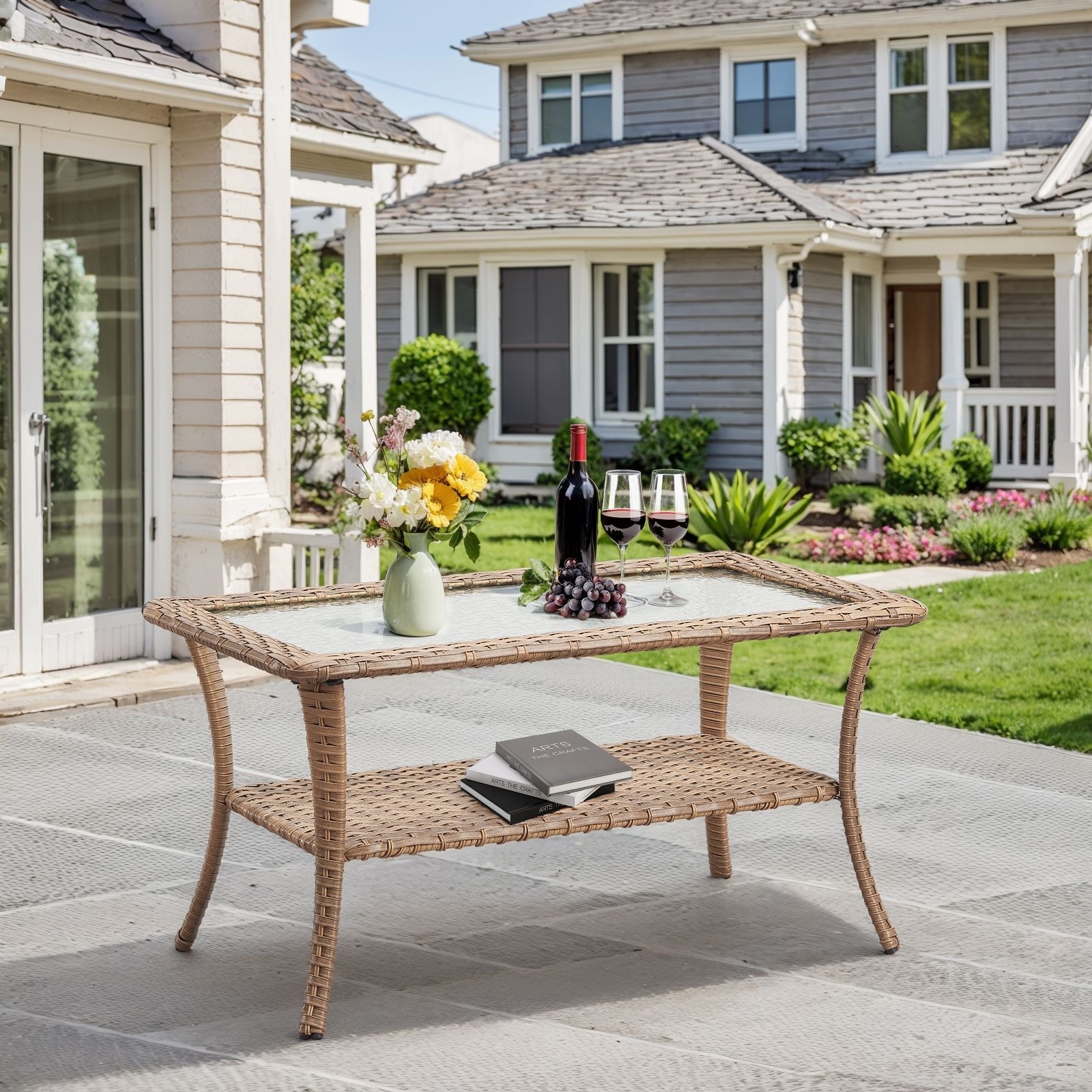 Pocassy Outdoor Patio Side Table 2 Tier Hand Woven Wicker Bistro Table with Tempered Glass Top Square Table Rattan End Table