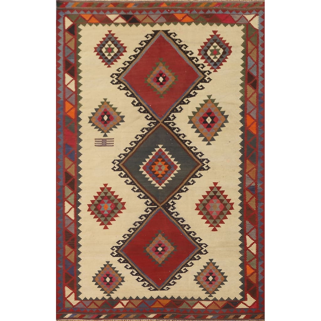 Beige Kilim Qashqai Persian Vintage Area Rug Hand-Woven Wool Carpet - 4'11" x 7'9"