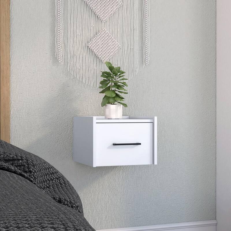 Wall-Mounted Floating Nightstand with Drawer - Space-Saving White End Table for Bedroom - White